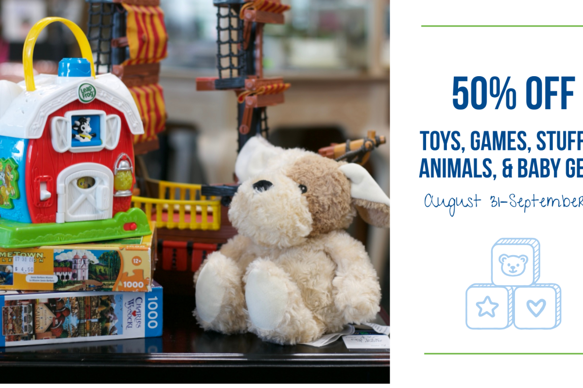 Toys, games, stuffed animals, and baby gear are 50% off from August 31–September 5