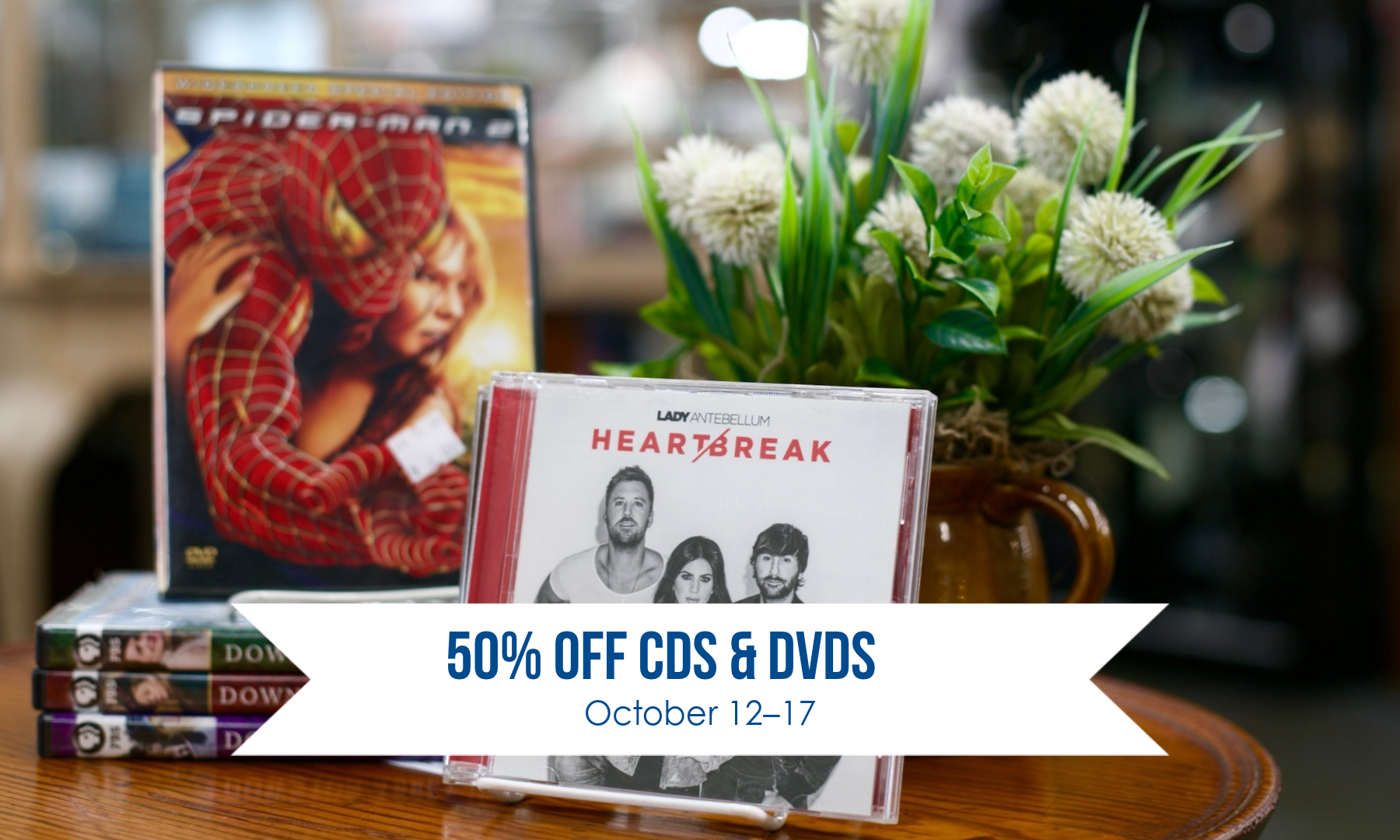 CDs and DVDs are 50% off from October 12–17